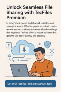 Illustration of a user-friendly cloud storage interface labeled TezFiles, featuring fast upload icons, secure file transfer symbols, and devices like a laptop and smartphone connected through cloud graphics